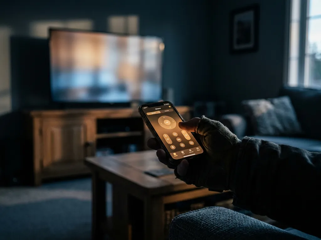 Hand holding a smartphone with a TV remote control app, flatscreen TV glowing in a dimly lit living room background.