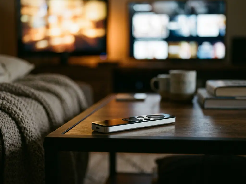 Universal remote control on a modern coffee table with softly glowing TV screens in a cozy living room.