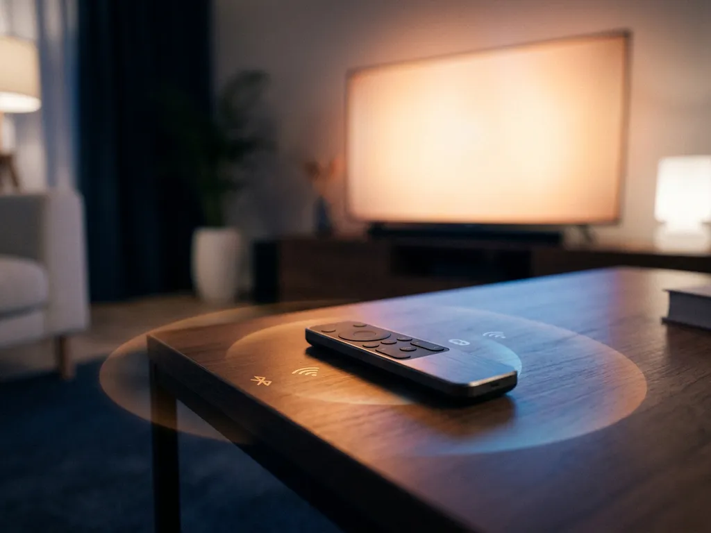 Universal TV remote on a coffee table with a smart TV glowing in the background, warm amber and navy ambient lighting.