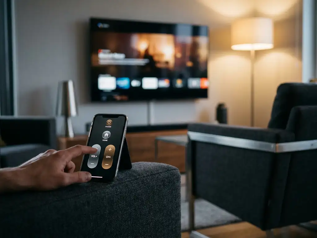 Smartphone displaying a universal TV remote app resting on a sofa armrest, reflected on a dark flatscreen TV in a modern living room.