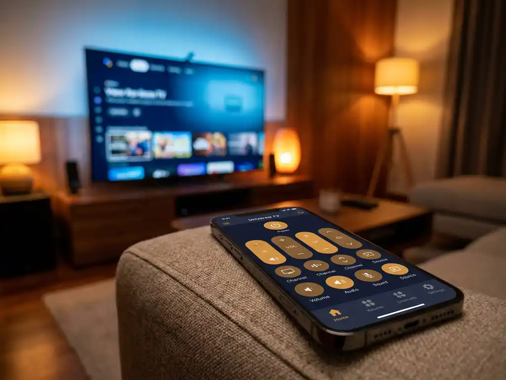 Smartphone displaying a universal TV remote app on a couch armrest, modern smart TV glowing in the background, no physical remote visible.