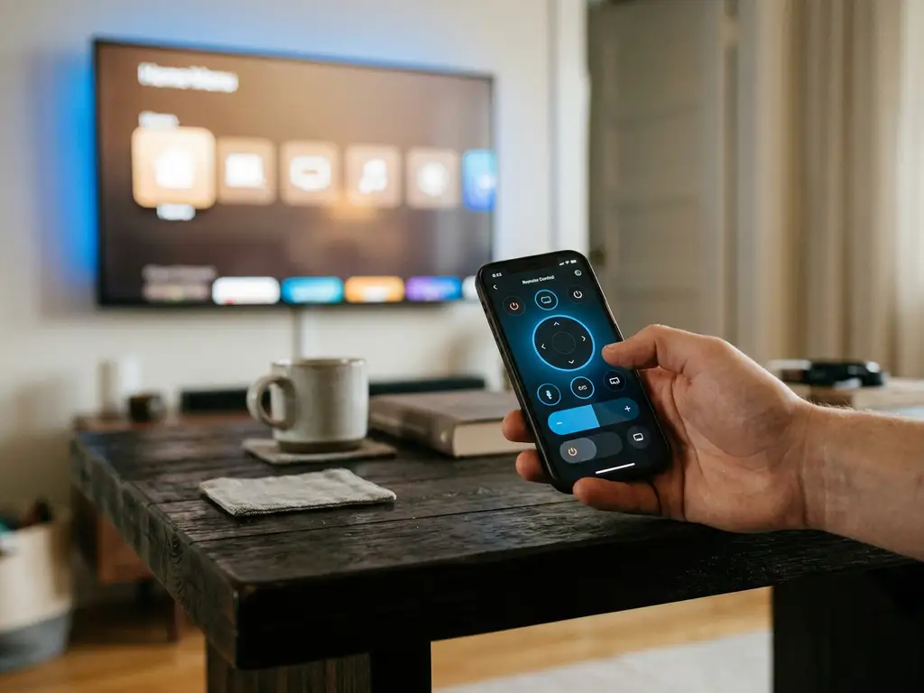Smartphone displaying a universal TV remote app held over a coffee table, with a flatscreen TV glowing in the background.