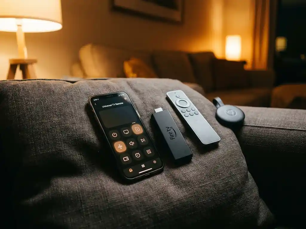 Smartphone displaying a universal TV remote app beside a Fire TV Stick, smart TV remote, and Chromecast on a linen surface.