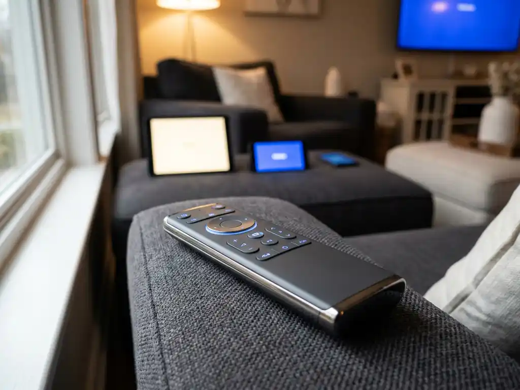 Universal TV remote on a couch armrest with multiple device screens glowing softly in a warmly lit living room.