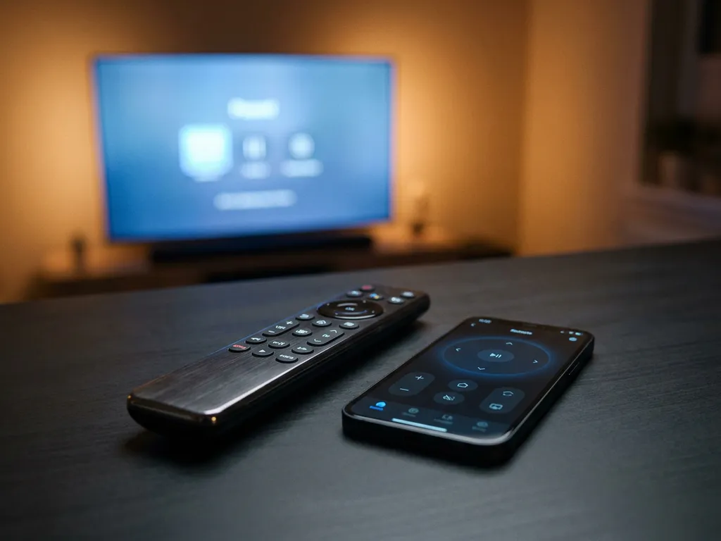 Universal TV remote and smartphone with remote control app side by side near a glowing smart TV on a dark surface.